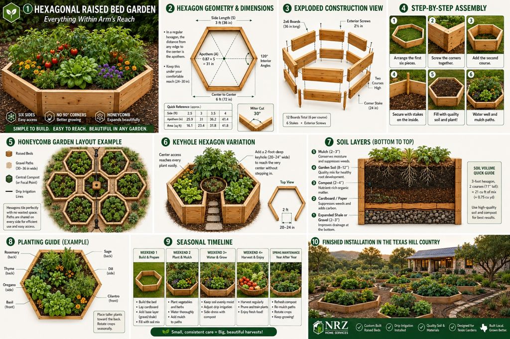 Ten-panel illustrated plan for a hexagonal raised bed garden: a finished planted bed, hexagon geometry labelling the side length, the apothem and the 120-degree interior angles, an exploded view of twelve 2x6 boards with corner stakes, a six-step assembly sequence, a honeycomb layout of seven beds sharing gravel paths and drip irrigation, the keyhole variation with a two-foot centre access notch, a soil cross-section layered from drainage gravel up through cardboard, compost and garden soil to mulch, a planting guide placing rosemary, sage, thyme, oregano, dill, basil and cilantro around the hexagon, a weekend-by-weekend seasonal timeline, and a finished multi-bed installation in the Texas Hill Country.
